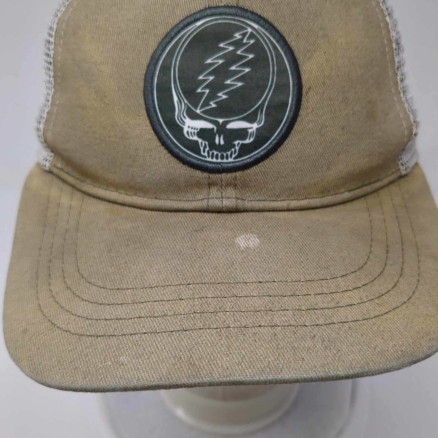 Three In Grateful Dead Snapback Mesh Bag Hat Tan OSFA Embroidered Skull Logo