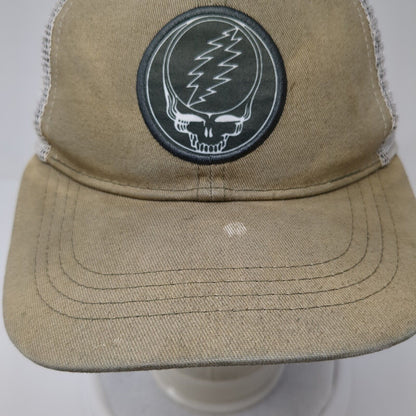 Three In Grateful Dead Snapback Mesh Bag Hat Tan OSFA Embroidered Skull Logo