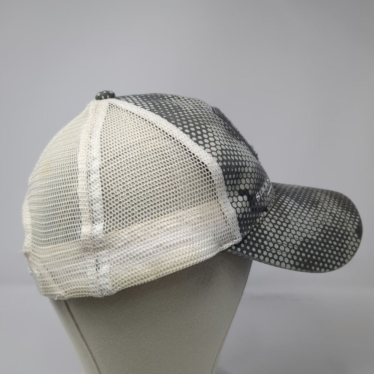 Simms Trucker Hat Gray One Size Mesh Snapback Fishing Hex Camo Bass Logo Patch