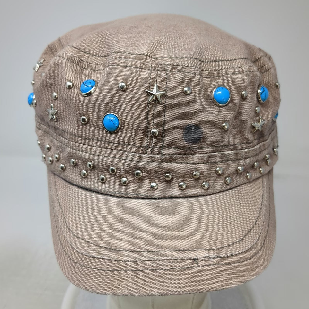 Brown Army Cap OSFM Studded Star Turquoise Embellished Cadet Cotton Hat Metal