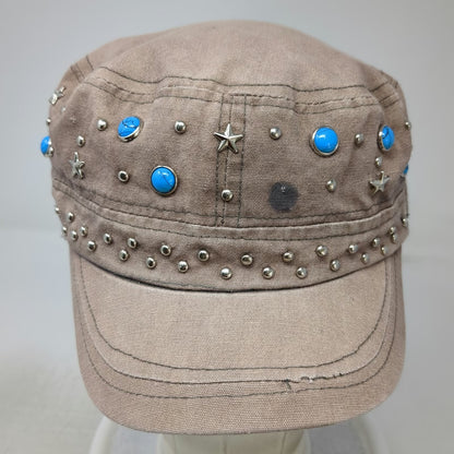 Brown Army Cap OSFM Studded Star Turquoise Embellished Cadet Cotton Hat Metal