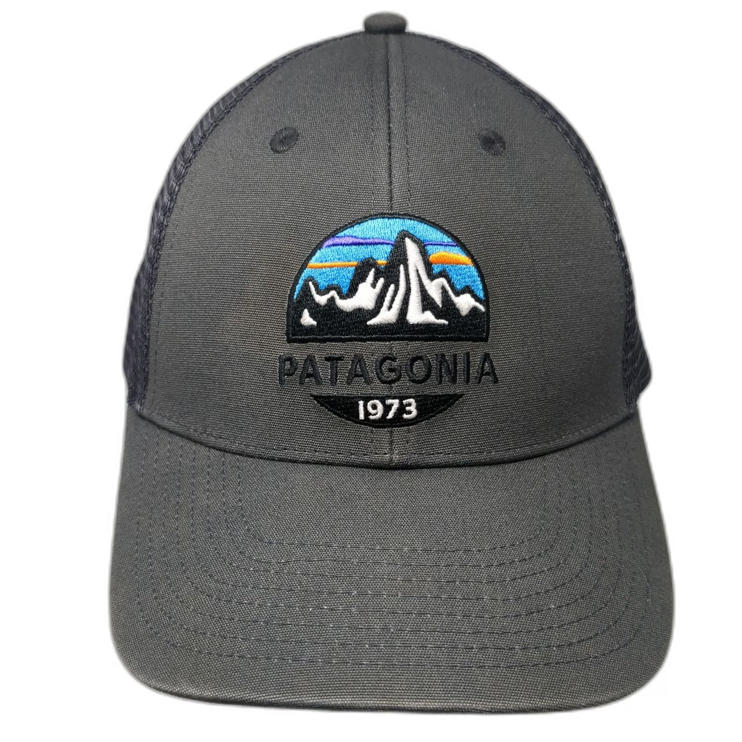 Patagonia Trucker Hat Gray One Size Mesh Snapback Mountain Logo 1973 Hiking Cap