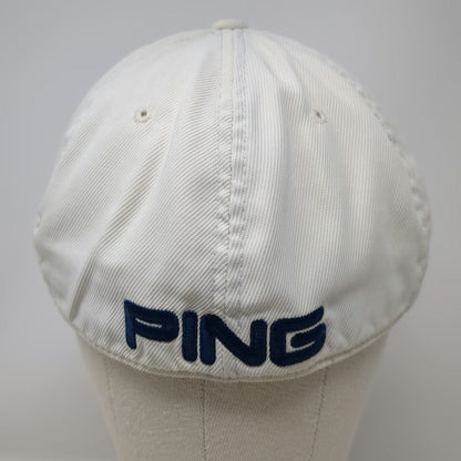 PING 5 Panel Hat White XL Embroidered Logo Stretch Fit Nylon Blend Golf Cap