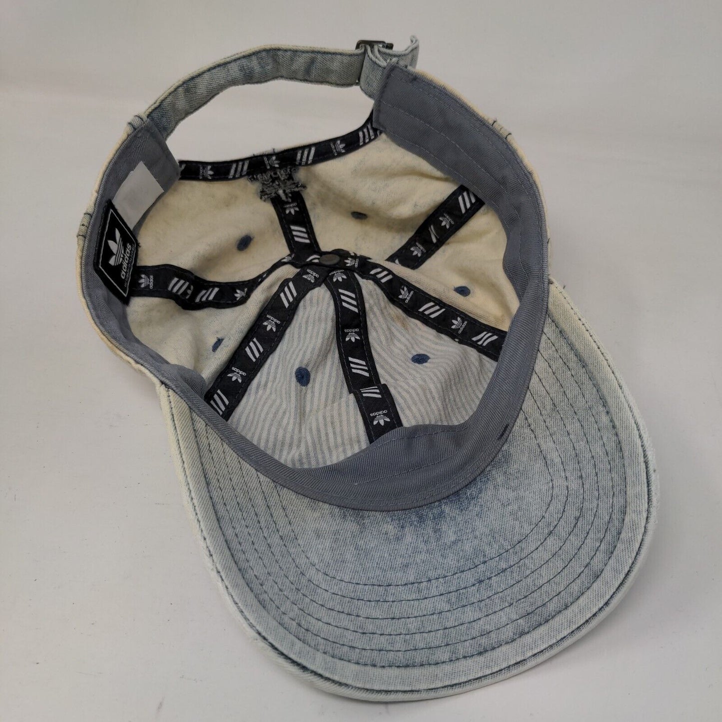 Adidas Slideback Hat Blue OS Adjustable Embroidered Trefoil Acid Wash Denim