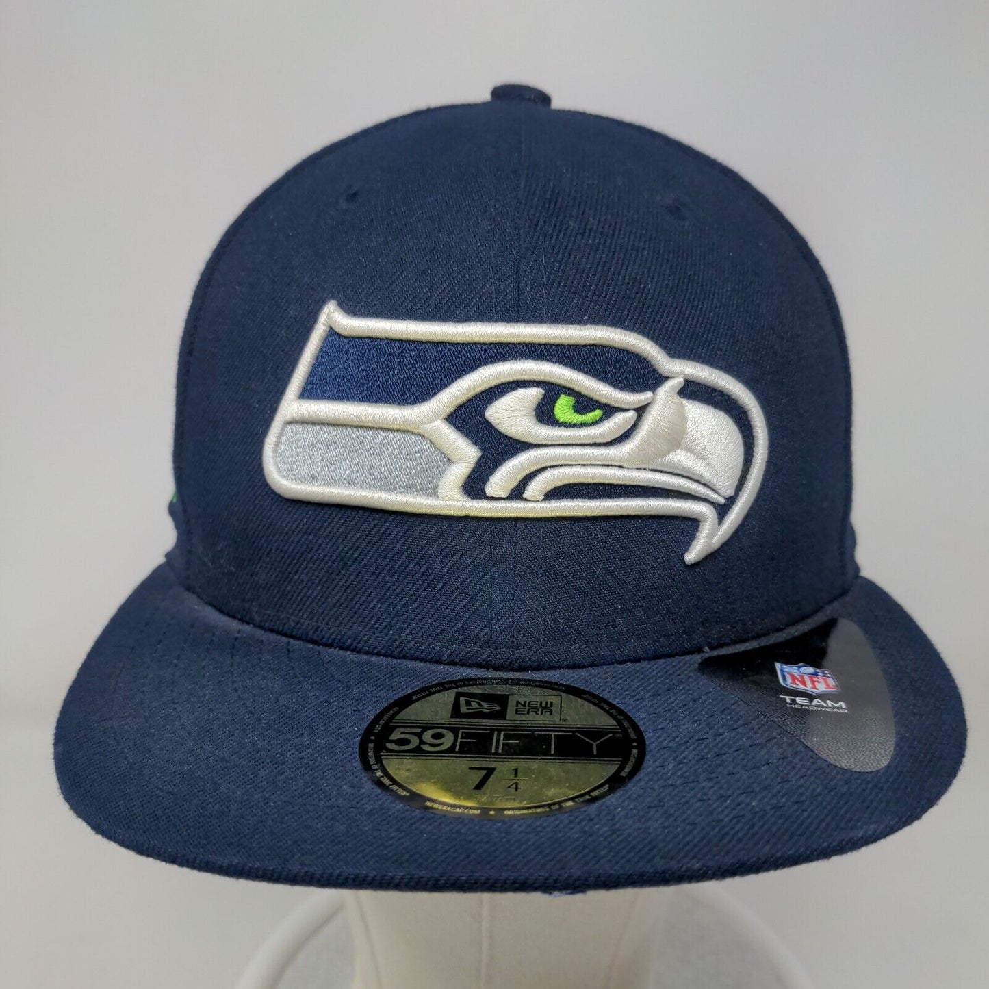 New Era Men's Fitted Flat Bill Hat Blue 7 1/4 Seattle Seahawks NFL Embroidered