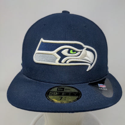 New Era Men's Fitted Flat Bill Hat Blue 7 1/4 Seattle Seahawks NFL Embroidered