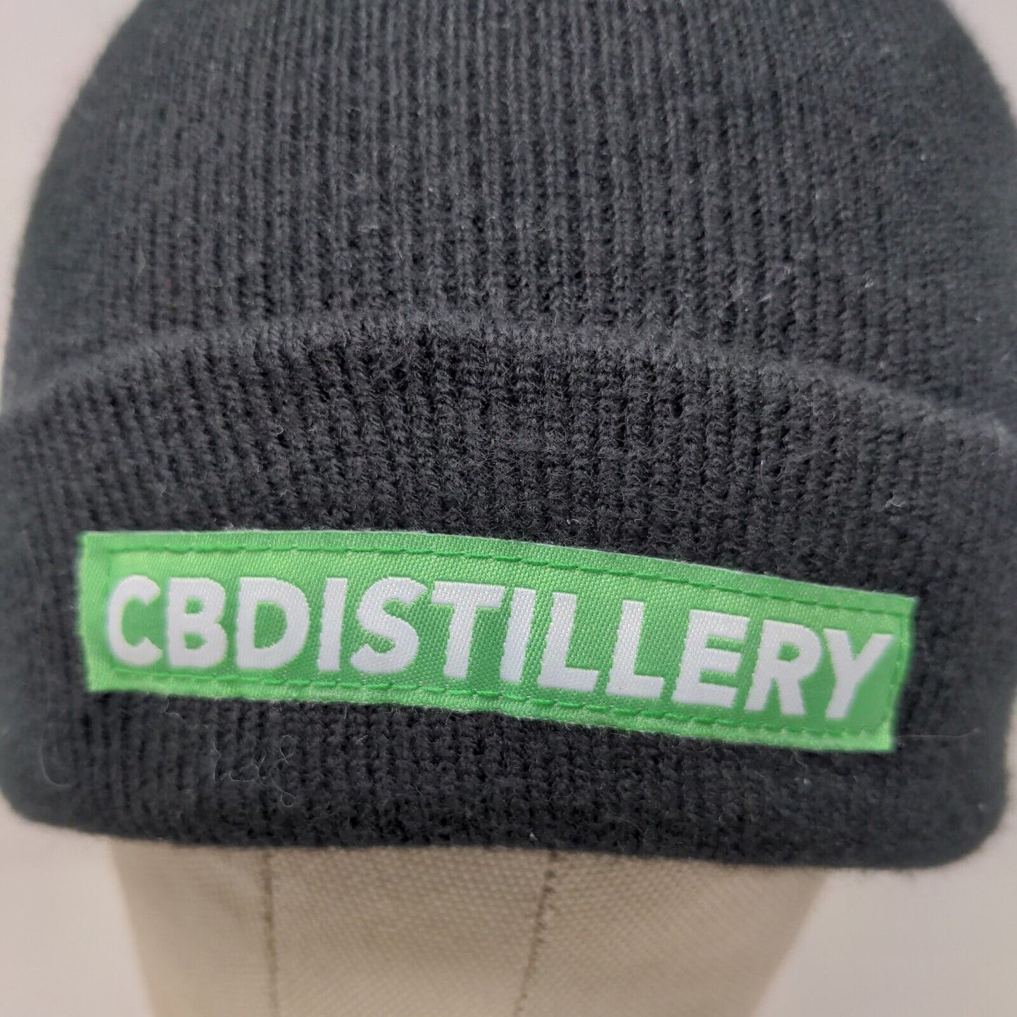 CBDistillery Men's Knit Beanie Hat Black Patch Logo 100% Acrylic