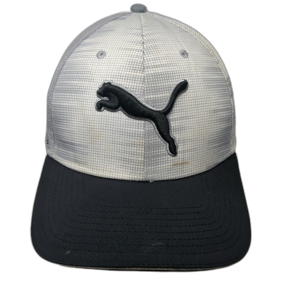 Puma Snapback Hat Gray One Size Cat Logo Grid Pattern Performance Golf Cap Black