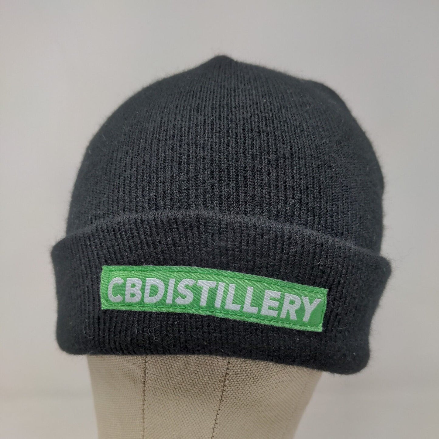 CBDistillery Men's Knit Beanie Hat Black Patch Logo 100% Acrylic