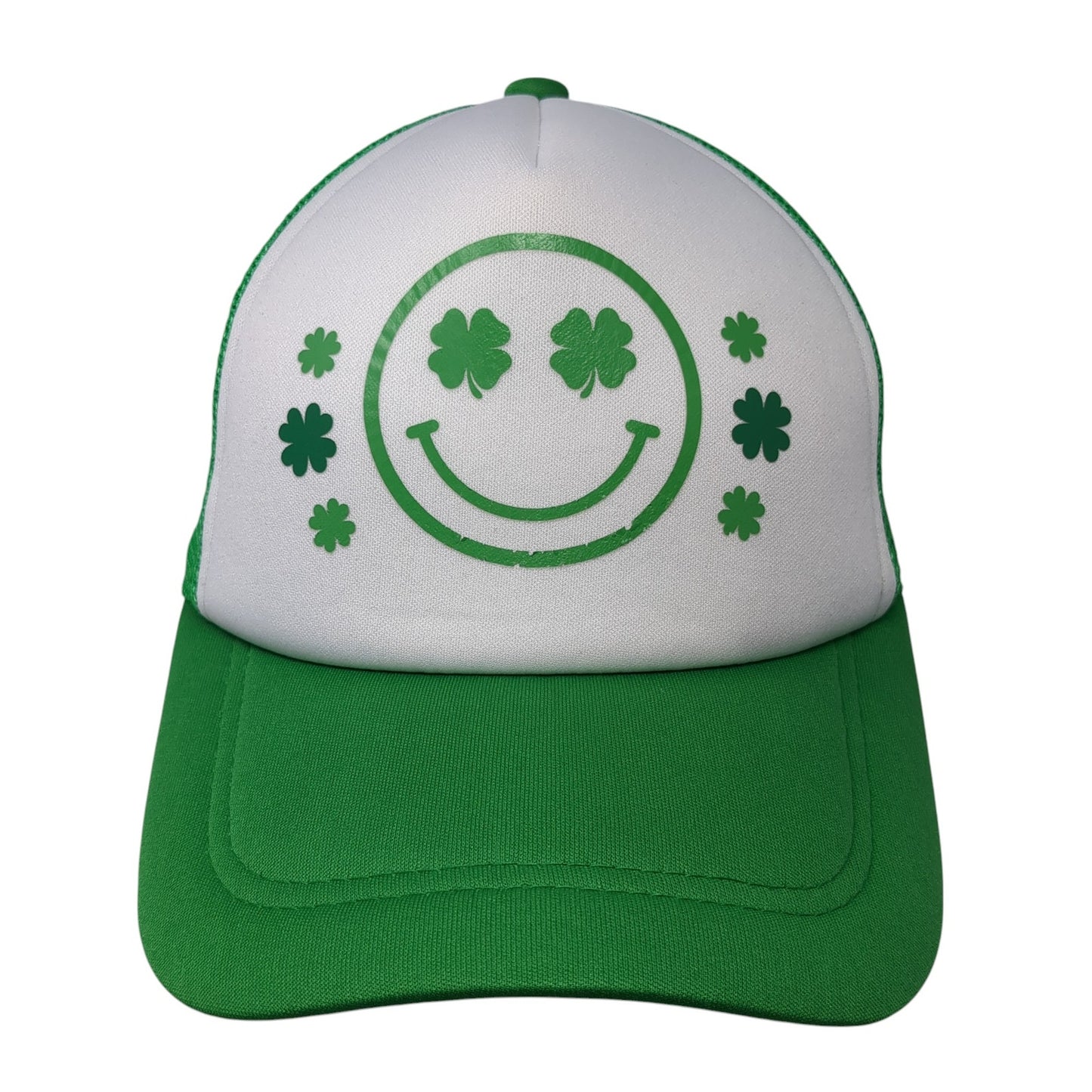 Smiley Face Shamrock Snapback Trucker Hat Green One Size Mesh Back