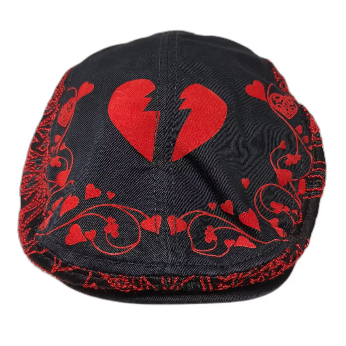 Disney Alice in Wonderland Newsboy Cap Black Red Embroidered Hearts Size L Hat