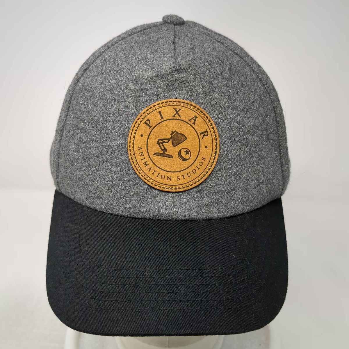 Pixar Animation Studios 5 Panel Gray Hat One Size Leather Patch Slideback Wool