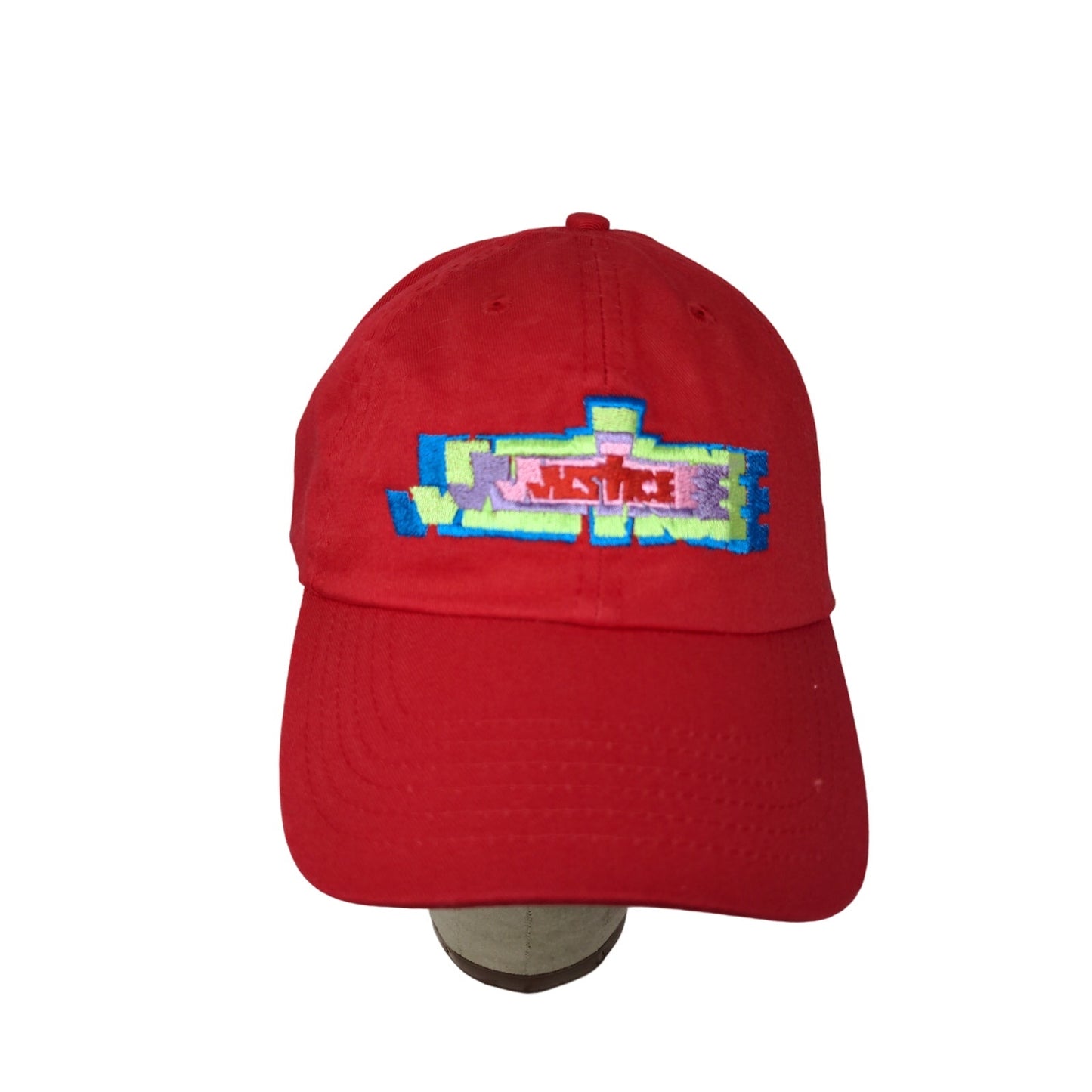 Justice Slideback Hat Red Embroidered Spell Out Colorful 100% Cotton