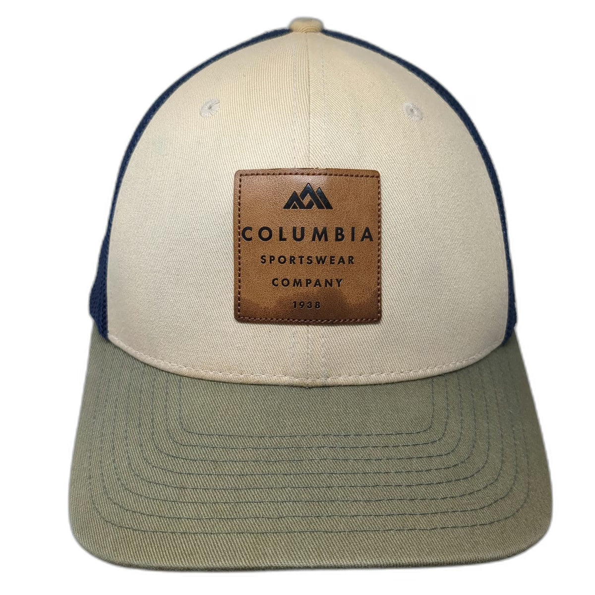 Columbia Baseball Cap Beige Blue Green One Size Mesh Back Leather Patch Hat