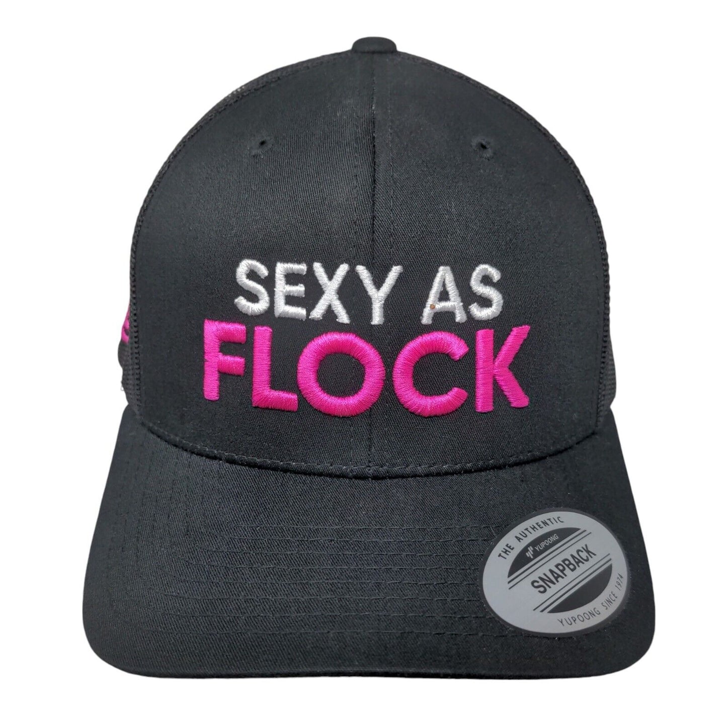 Sexy As Flock Snapback Trucker Hat Black One Size Adjustable Mesh Back Yupoong