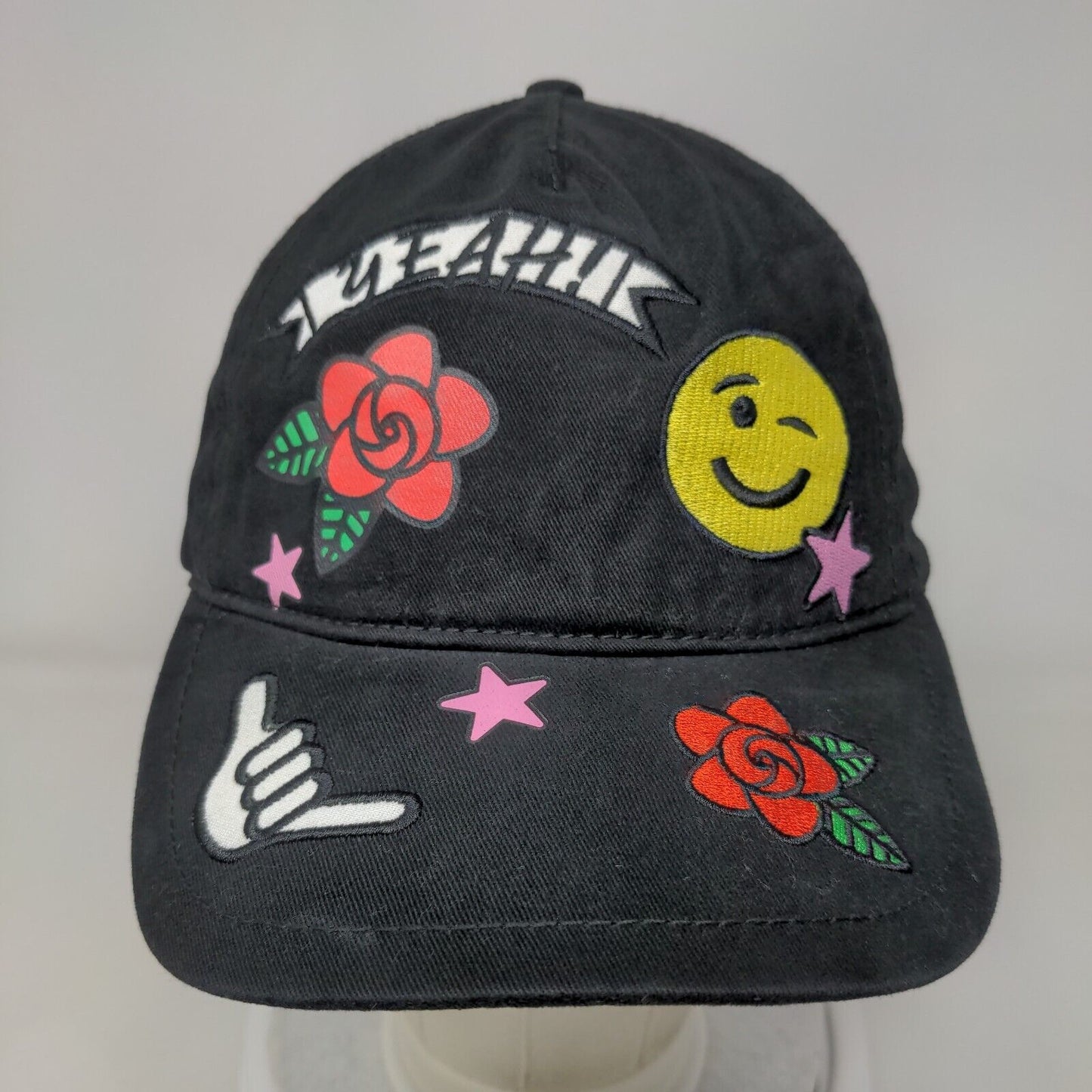 Yeah Shaka Sign Rose Wink Snapback Hat Black One Size Adjustable Embroidered