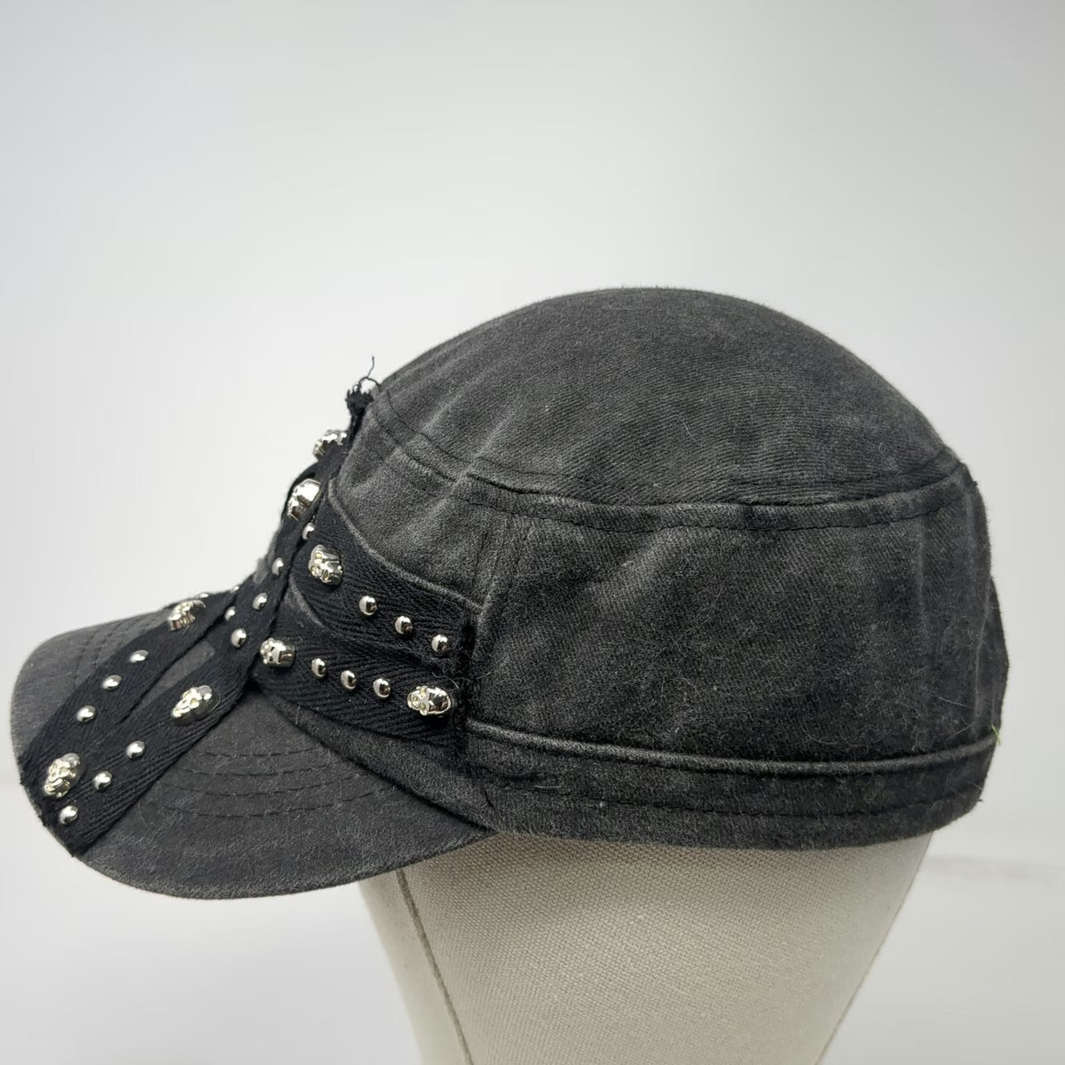 Army Cap Gray One Size Skull Studded Pentagram Silver Metal Charms Slideback Hat