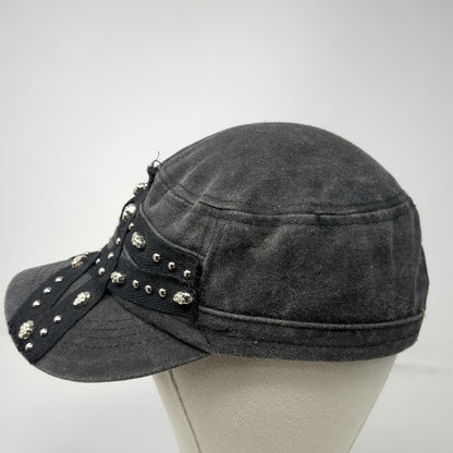 Army Cap Gray One Size Skull Studded Pentagram Silver Metal Charms Slideback Hat