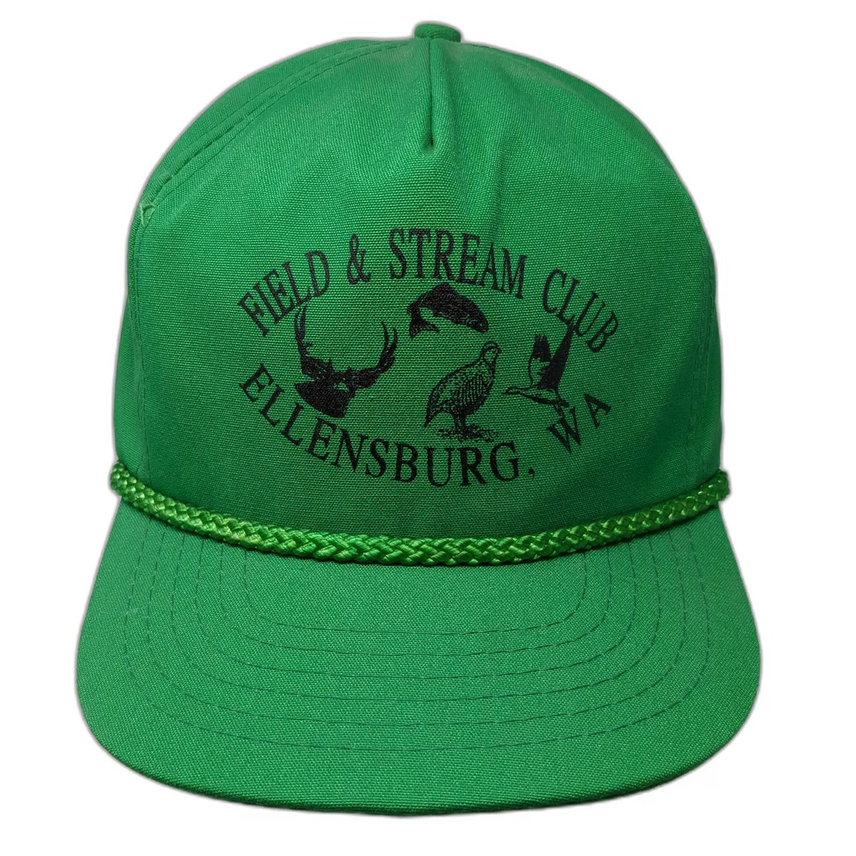 SanSun 5 Panel Green OS Hat Rope Ellensburg WA Field Stream Club Fishing Vintage