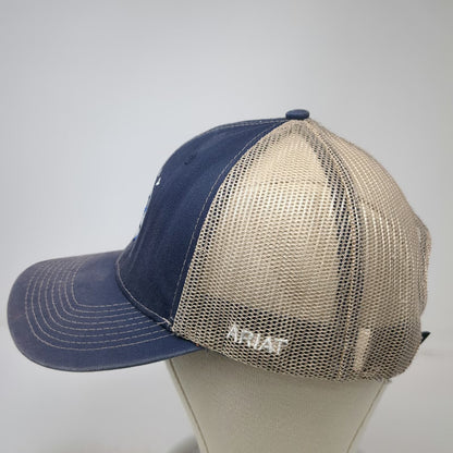 Ariat Trucker Hat Blue One Size Mesh Snapback Shield Logo Beige Stitching
