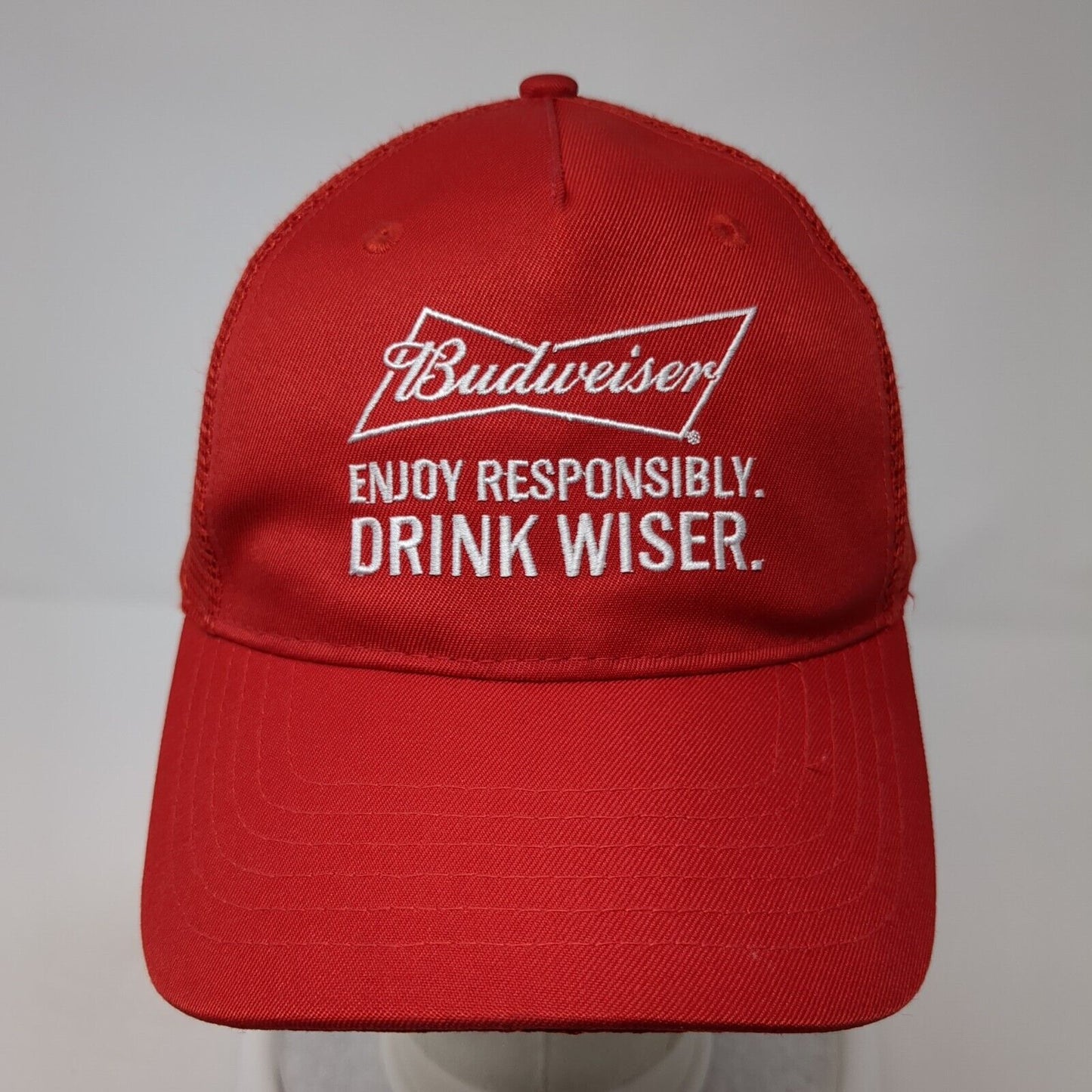 Budweiser Drink Wiser Snapback Trucker Hat Red One Size Mesh Back