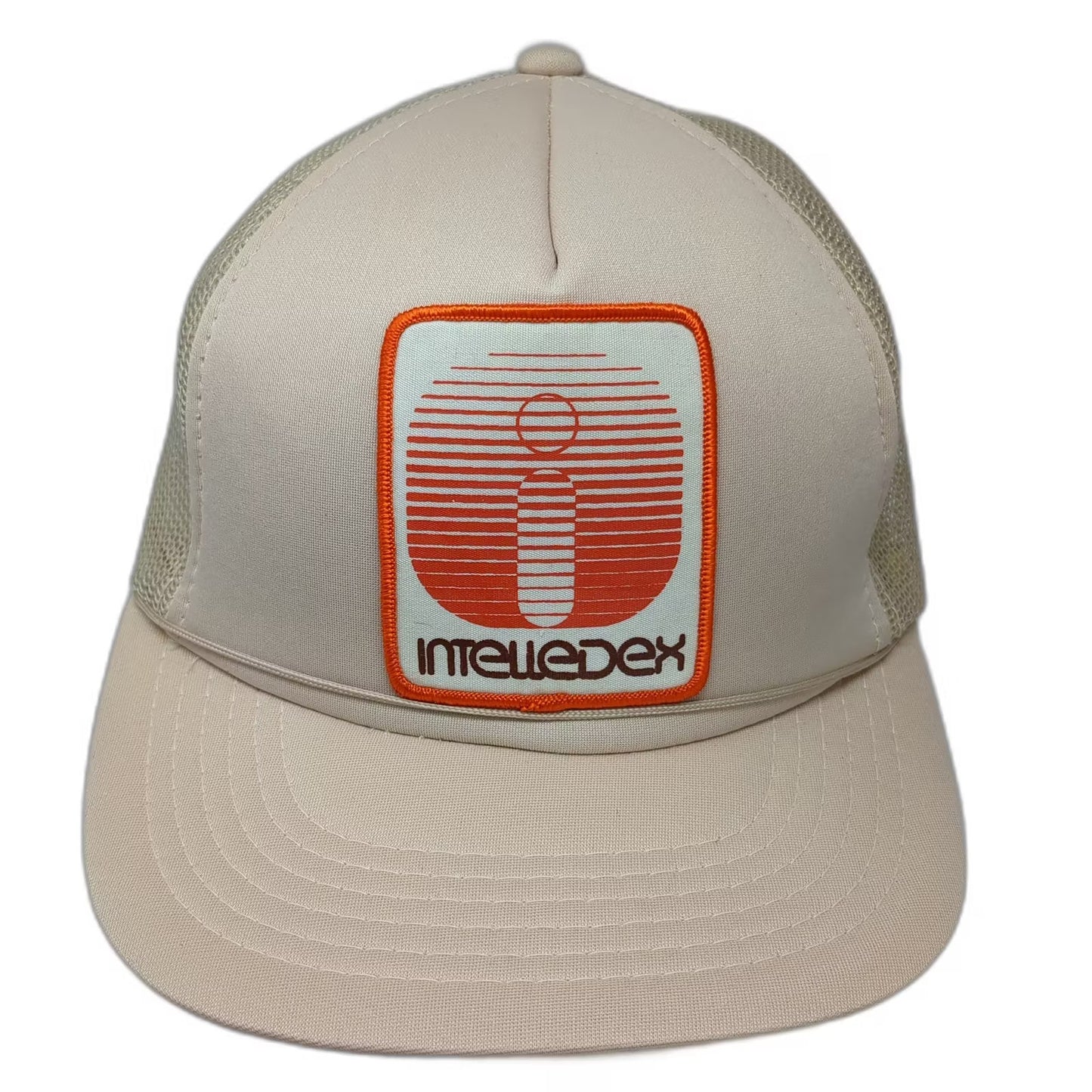Young An Intelledex Beige Trucker Hat OS Mesh Patch Snapback Graphic Vintage