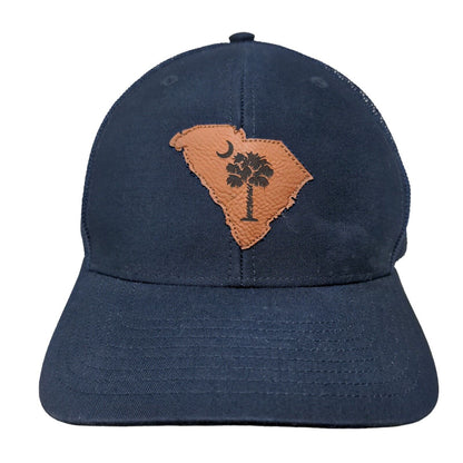 South Carolina Flag Leather Patch Snapback Trucker Hat Blue One Size Mesh Back