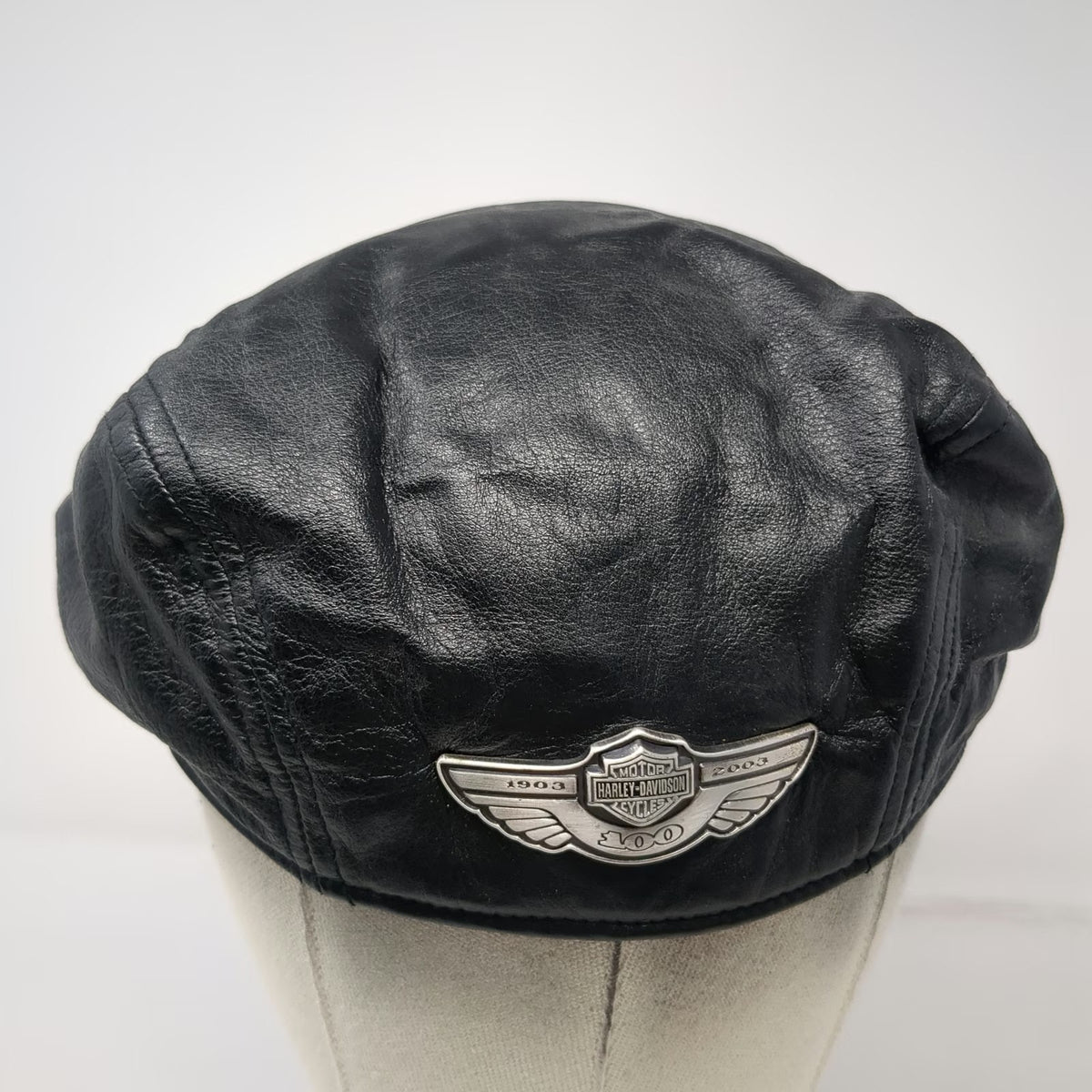 Harley-Davidson Newsboy Cap Black L Leather 100th Anniversary Metal Badge Hat