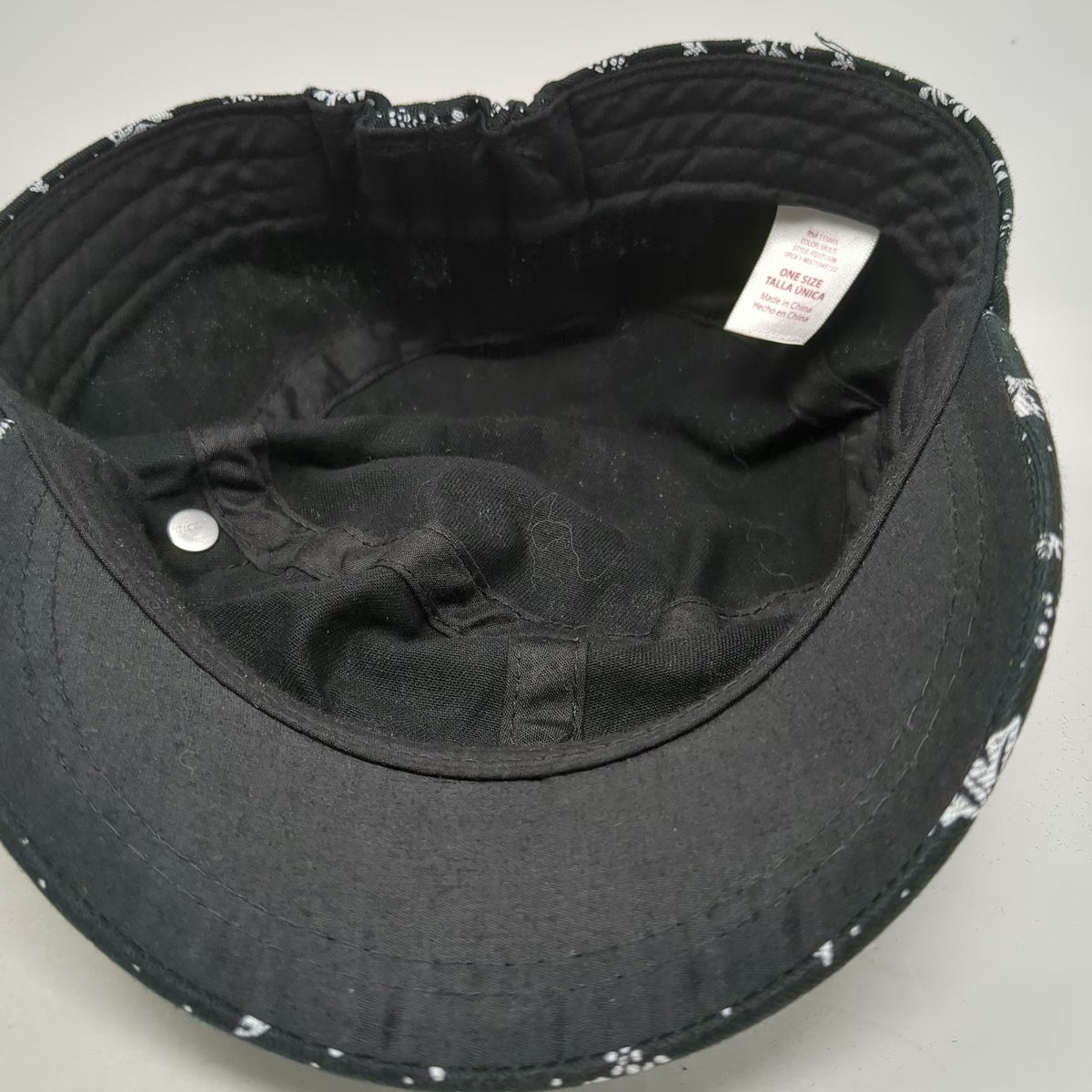 Army Cap Black White One Size Floral Polka Dot Print Side Buttons Gathered Hat
