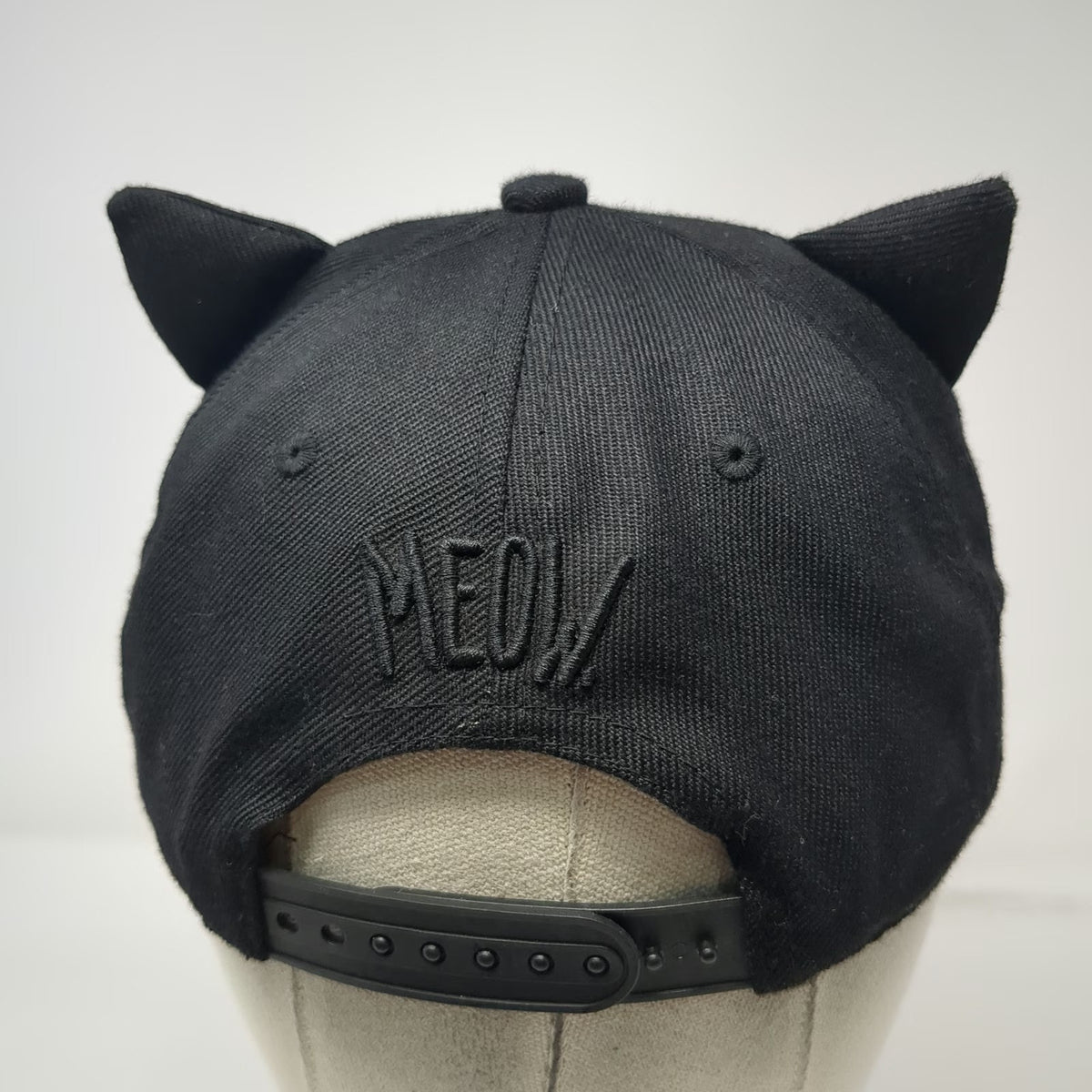 H&M Snapback Hat Black One Size Cat Ears Meow Embroidery Faux Leather Brim