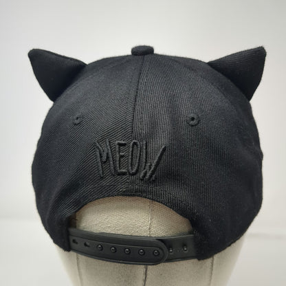 H&M Snapback Hat Black One Size Cat Ears Meow Embroidery Faux Leather Brim