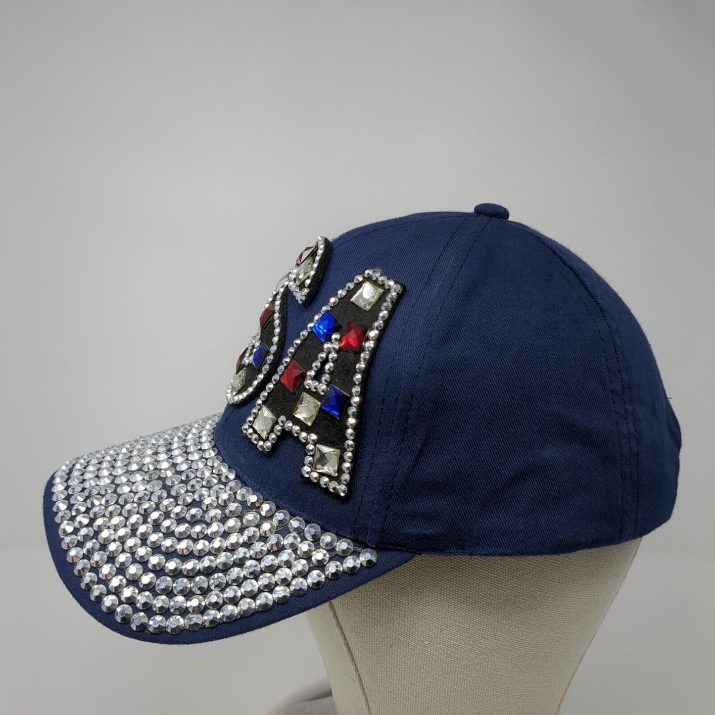 USA Rhinestone Studded Bling Strapback Hat Blue One Size Adjustable