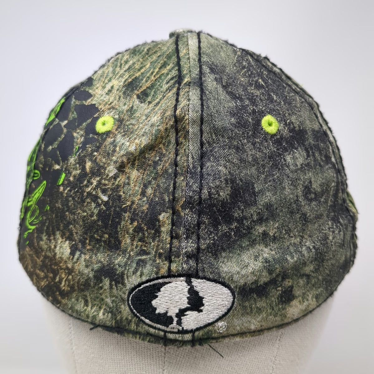 Mossy Oak Baseball Cap Green Black White M Camo Stretch Fit Embroidered Hat