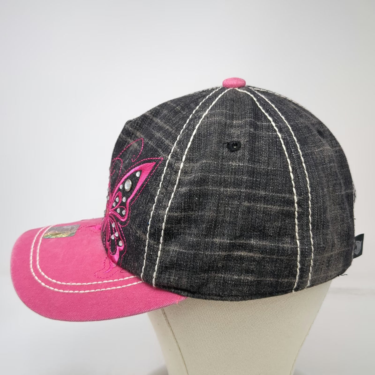 Pit Bull 5 Panel Black Pink Hat Butterfly Embroidery Rhinestones One Size Stitch