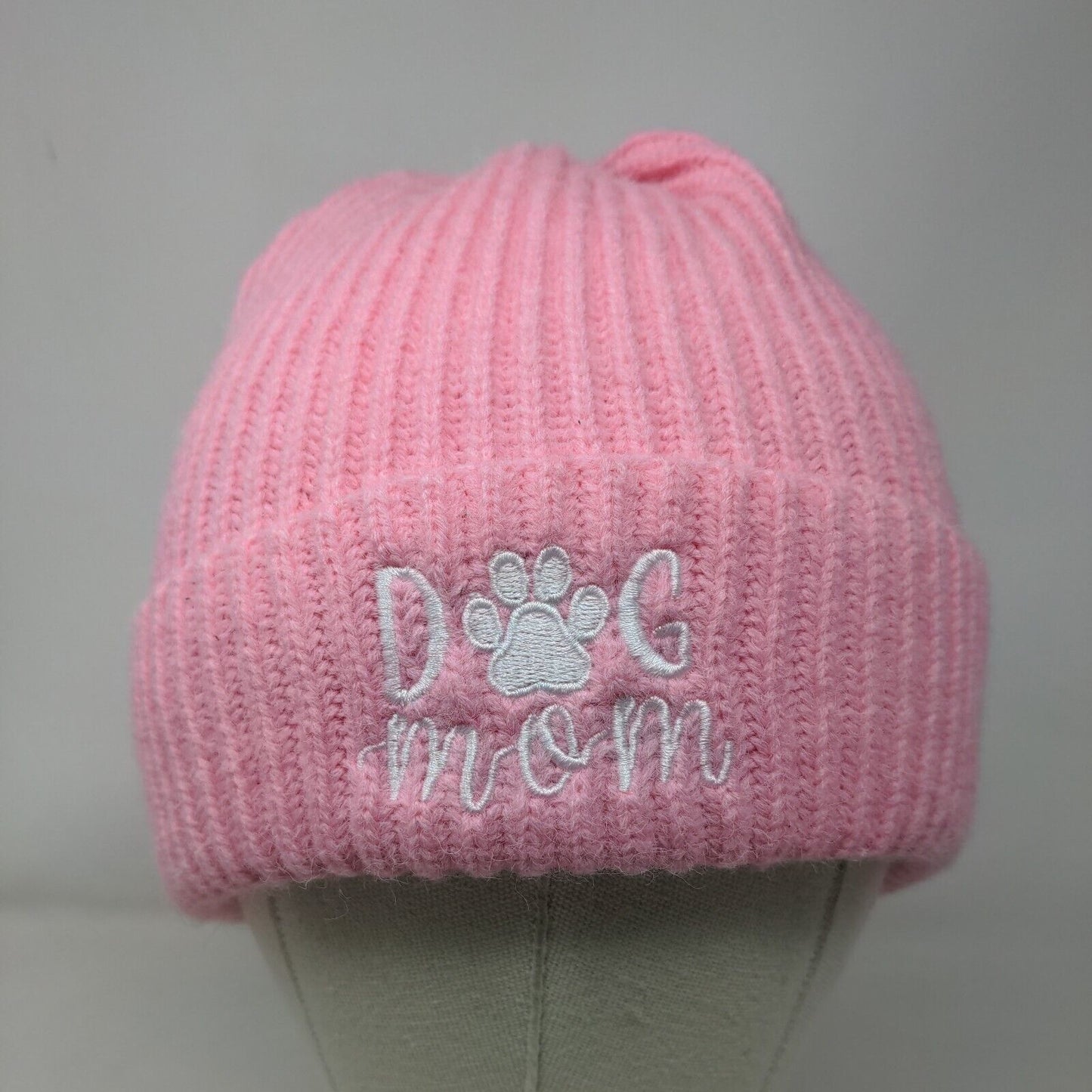 Dog Mom Ribbed Knit Beanie Hat Pink One Size Embroidered Solid