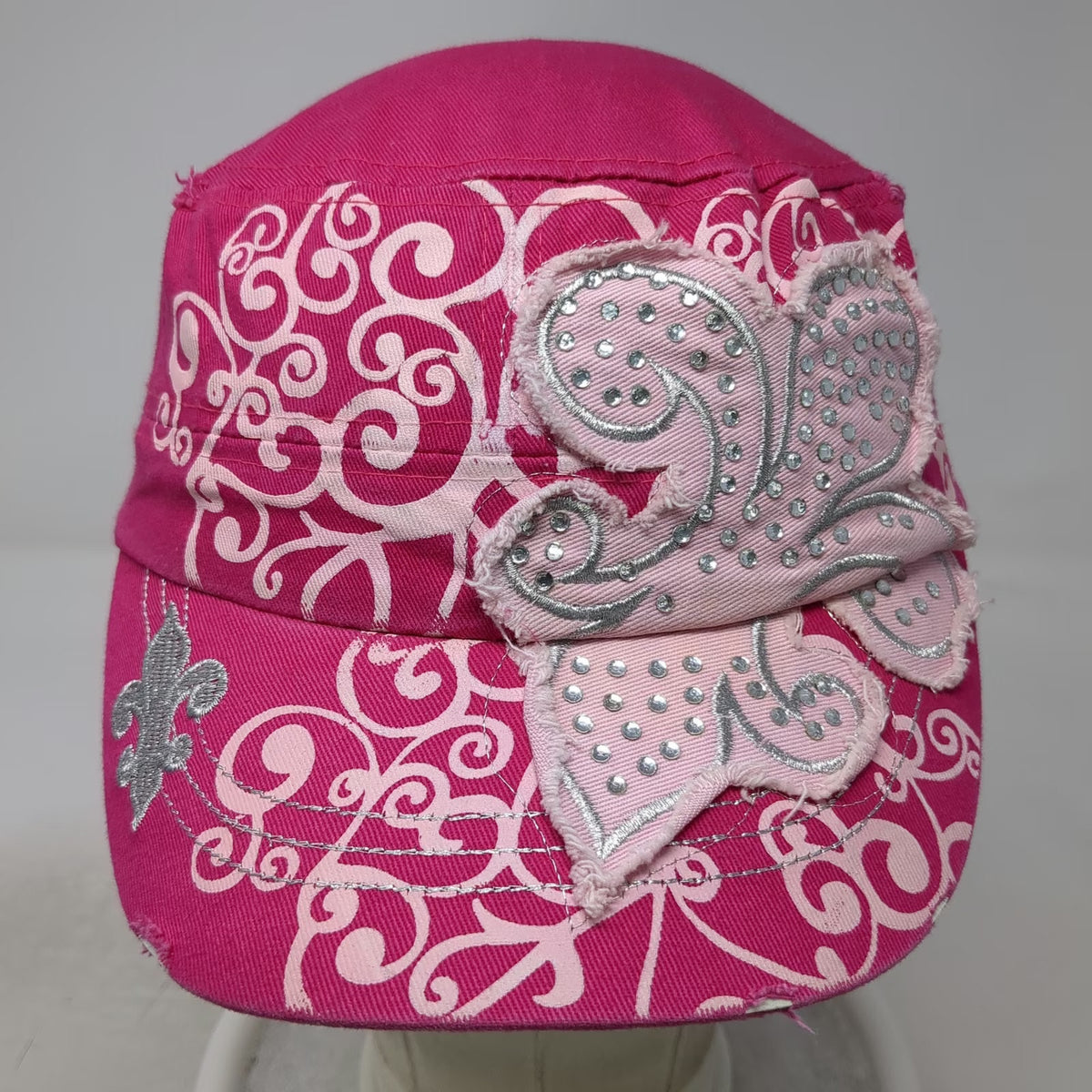 Pink Army Cap One Size Studded Rhinestone Butterfly Scroll Fleur-de-lis Hat