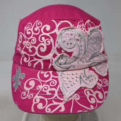 Pink Army Cap One Size Studded Rhinestone Butterfly Scroll Fleur-de-lis Hat