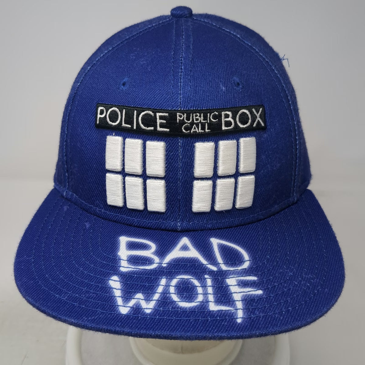 Doctor Who Snapback Blue Hat One Size Bad Wolf TARDIS Police Box Graffiti Brim