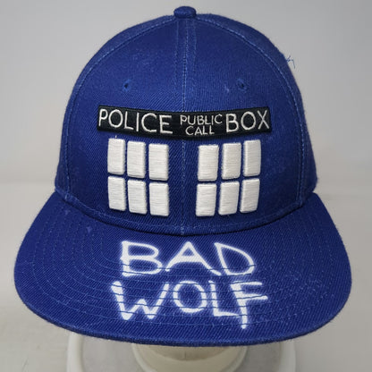 Doctor Who Snapback Blue Hat One Size Bad Wolf TARDIS Police Box Graffiti Brim
