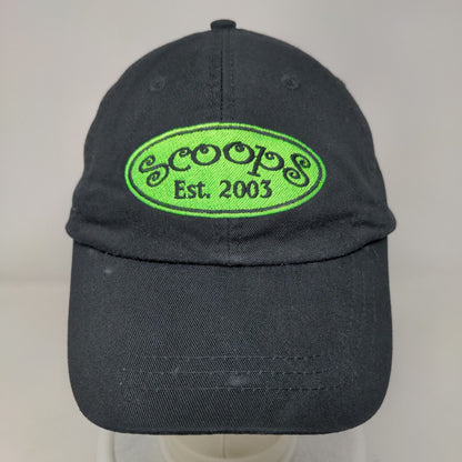 Scoops Est. 2003 Slideback Hat Black One Size Leather Strap Adams