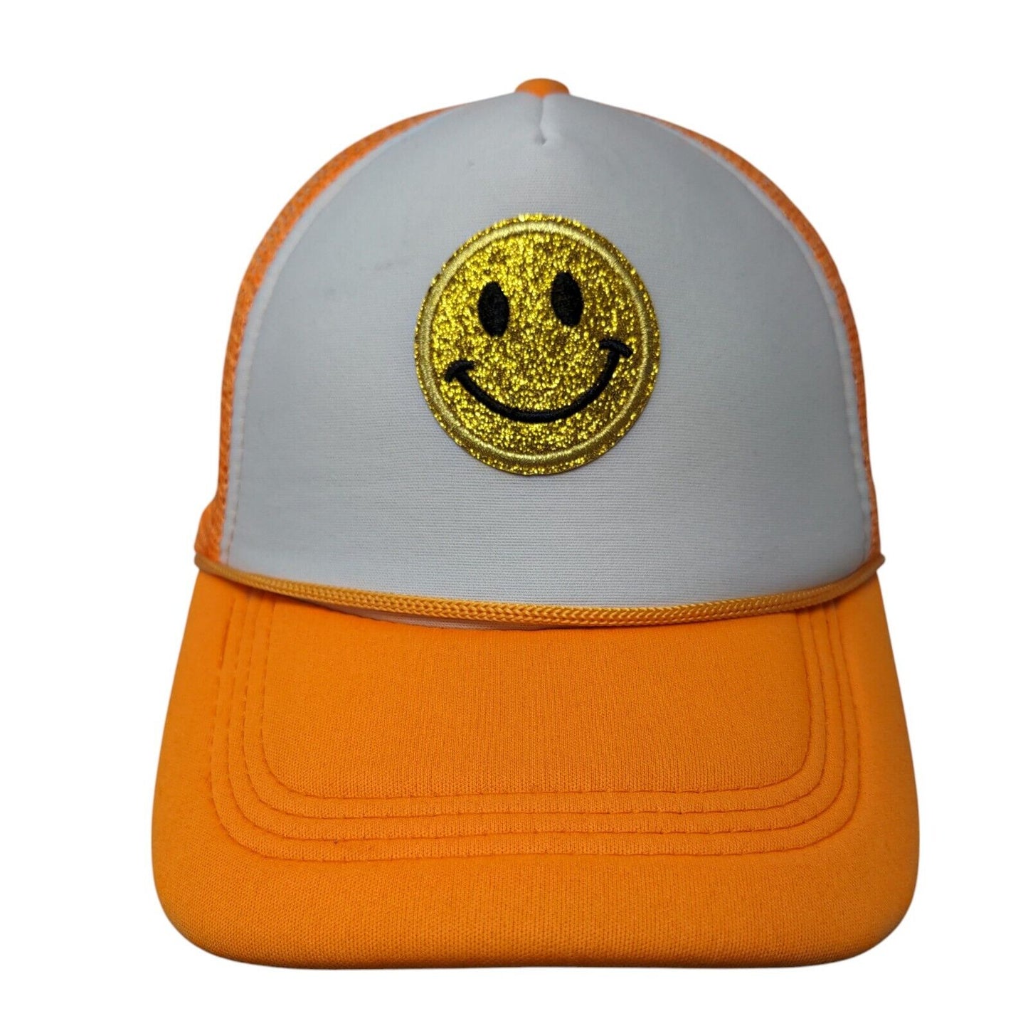 Smiley Snapback Mesh Back Rope Trucker Hat Orange One Size Colorblock