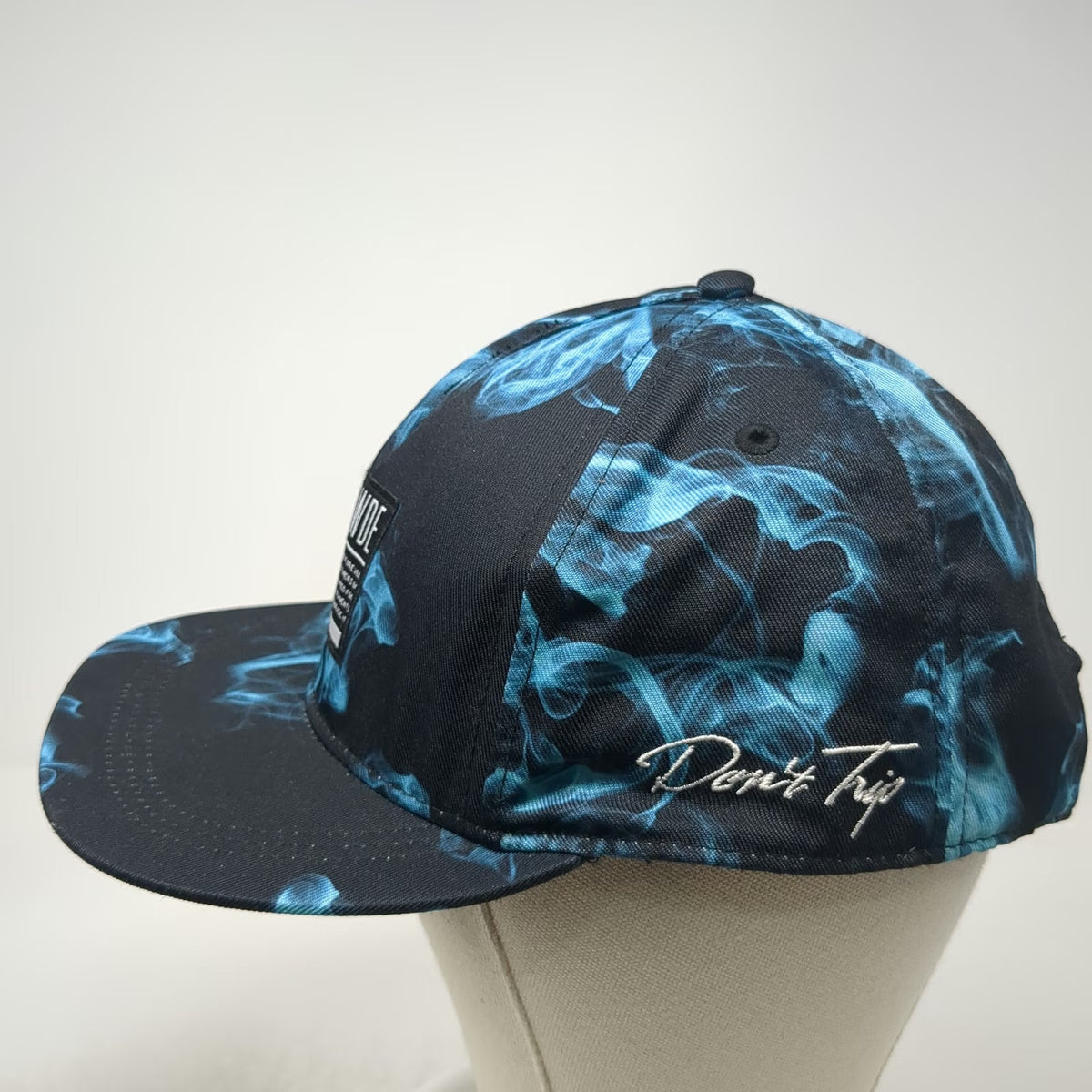 Divided 5 Panel Hat Blue Black One Size Smoke Print Flat Brim Don't Trip Patch