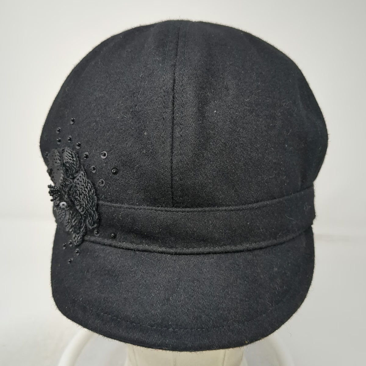 Kate Landry Baseball Cap Black One Size Wool Blend Sequin Flower Beaded Hat