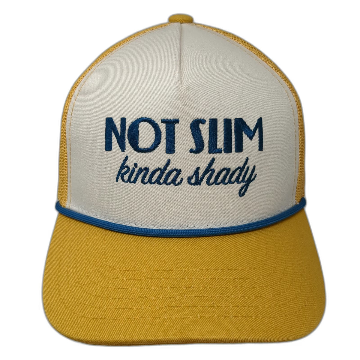 Questionables Trucker Hat Yellow White Blue One Size Not Slim Kinda Shady Rope