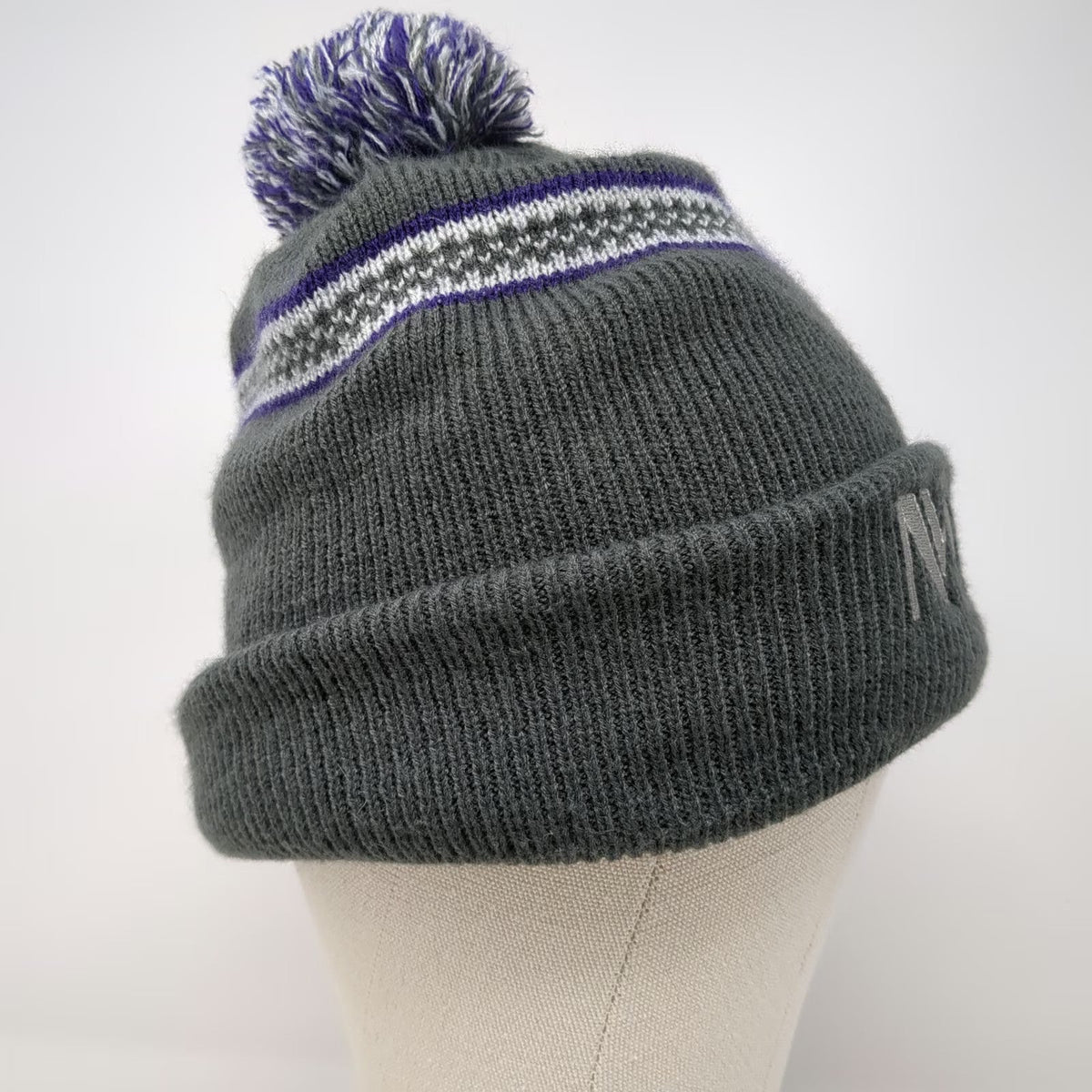 Indie Caps Beanie Gray One Size Pom Pom Fleece Lined M Logo Striped Knit Hat