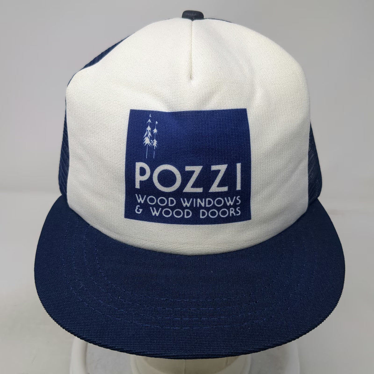 Pozzi Wood Windows Doors Trucker Hat Blue White Mesh Back Snapback USA Vintage