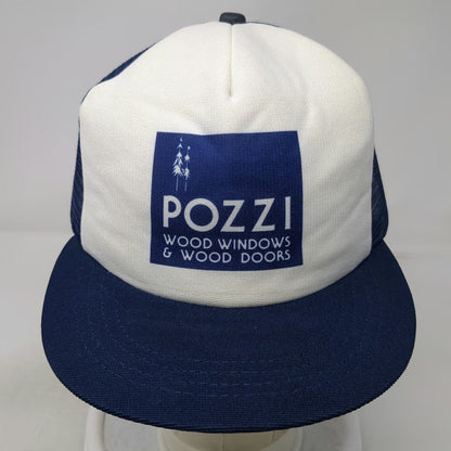 Pozzi Wood Windows Doors Trucker Hat Blue White Mesh Back Snapback USA Vintage