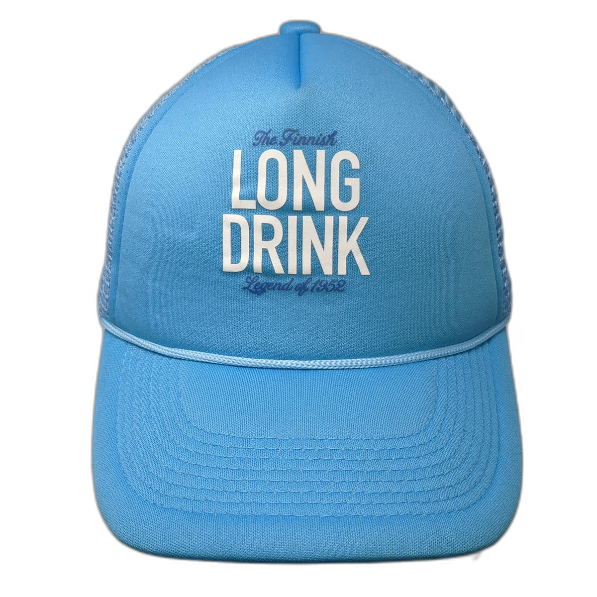 The Finnish Long Drink Trucker Hat Blue One Size Snapback Mesh Back Rope Brim