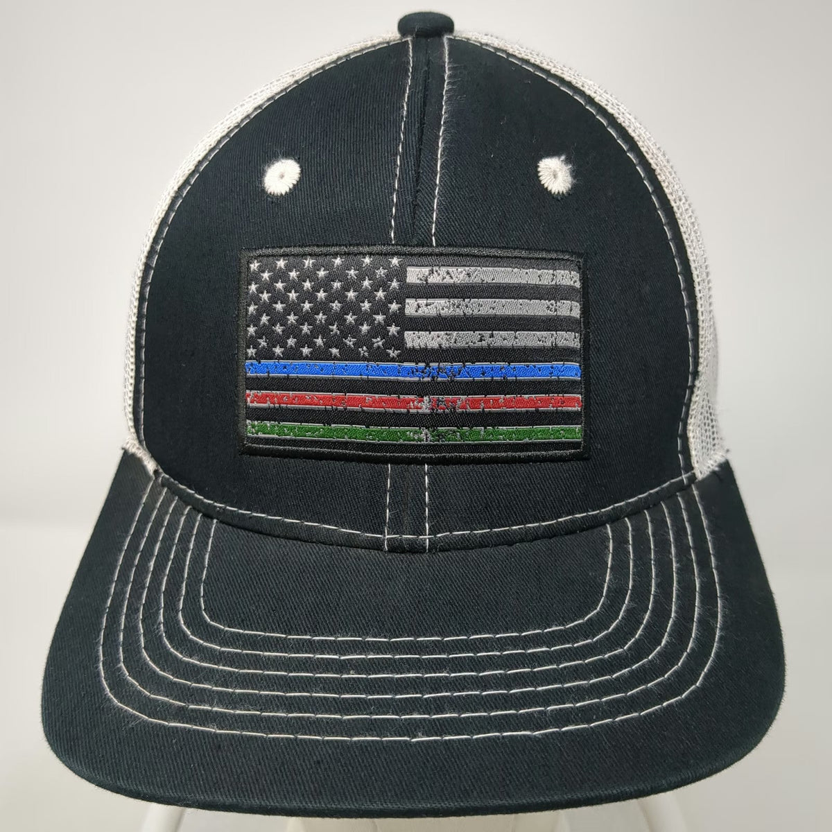 Justin Trucker Hat Black One Size Thin Blue Red Green Line Flag Mesh Snapback