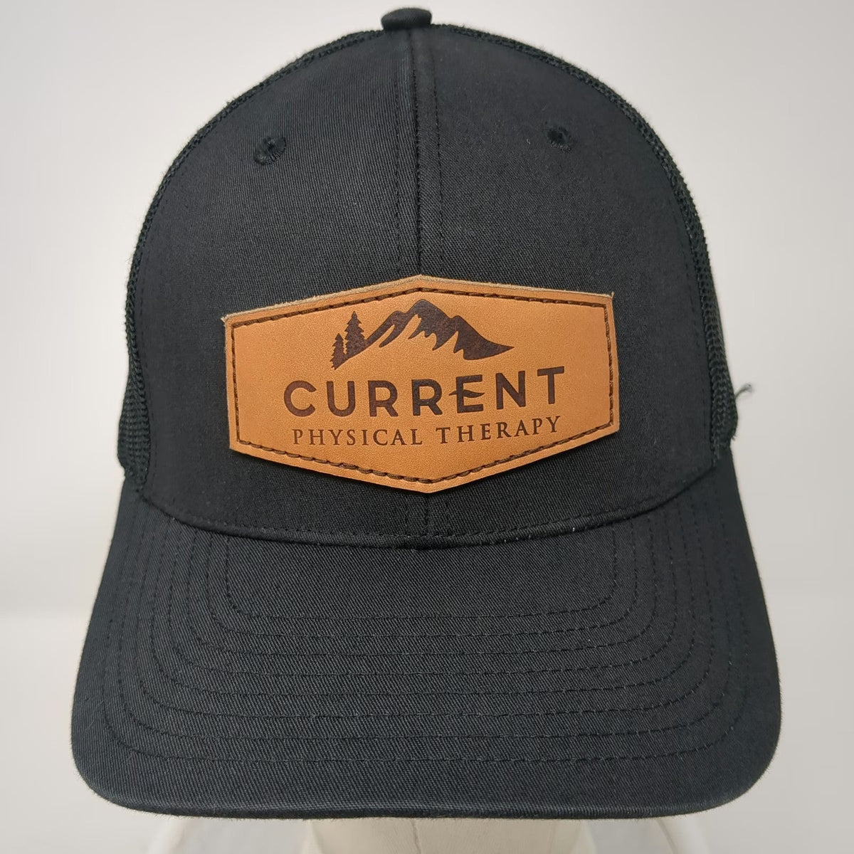 Richardson Trucker Hat Black One Size Mesh Snapback Leather Patch Mountains